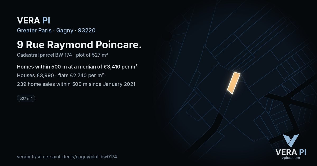 9 Rue Raymond Poincare, Gagny at night – the plot lit, the parcels around coloured by the prices near them