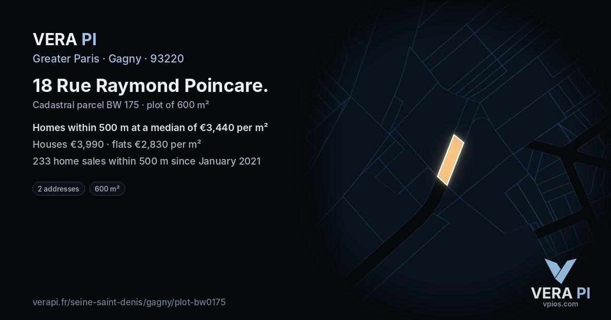 18 Rue Raymond Poincare, Gagny at night – the plot lit, the parcels around coloured by the prices near them