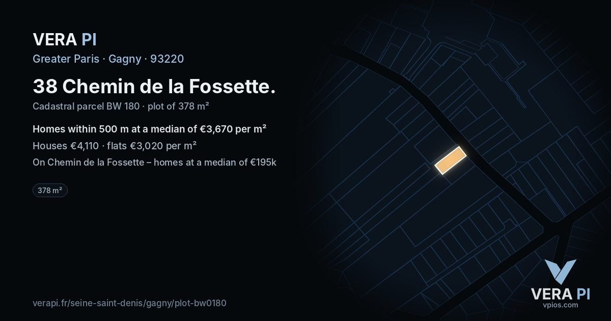 38 Chemin de la Fossette, Gagny at night – the plot lit, the parcels around coloured by the prices near them