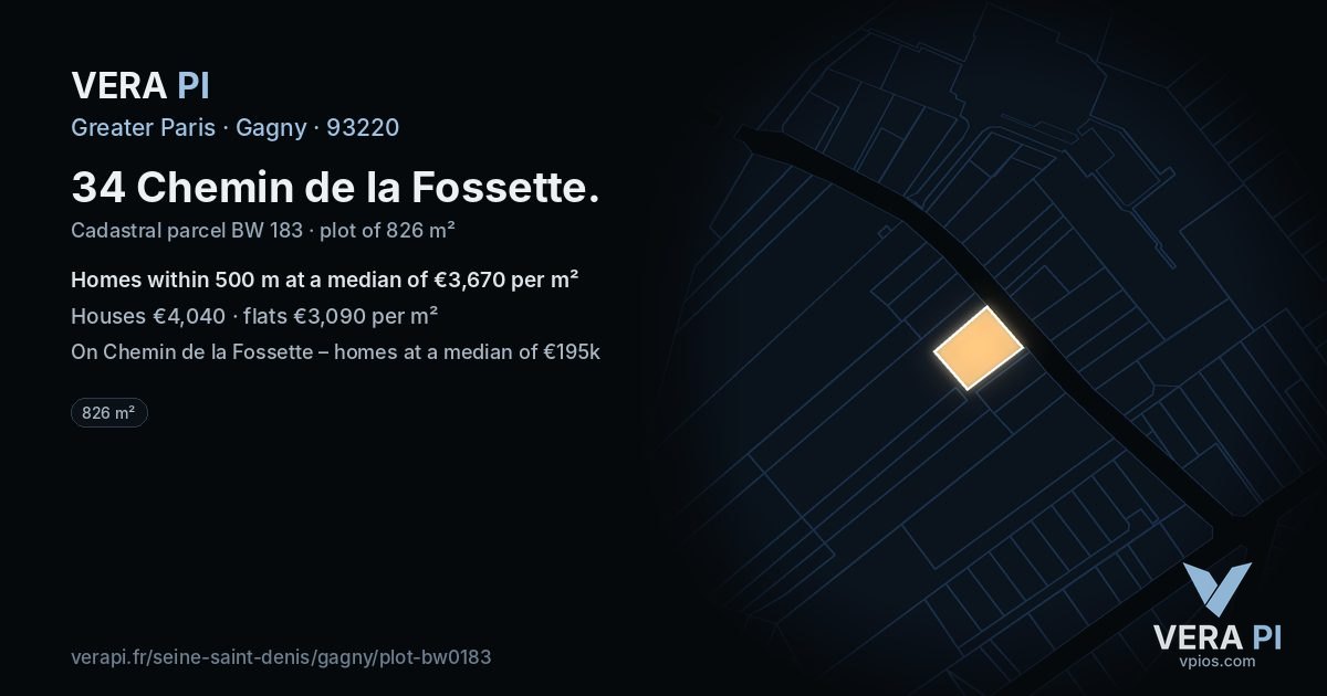 34 Chemin de la Fossette, Gagny at night – the plot lit, the parcels around coloured by the prices near them
