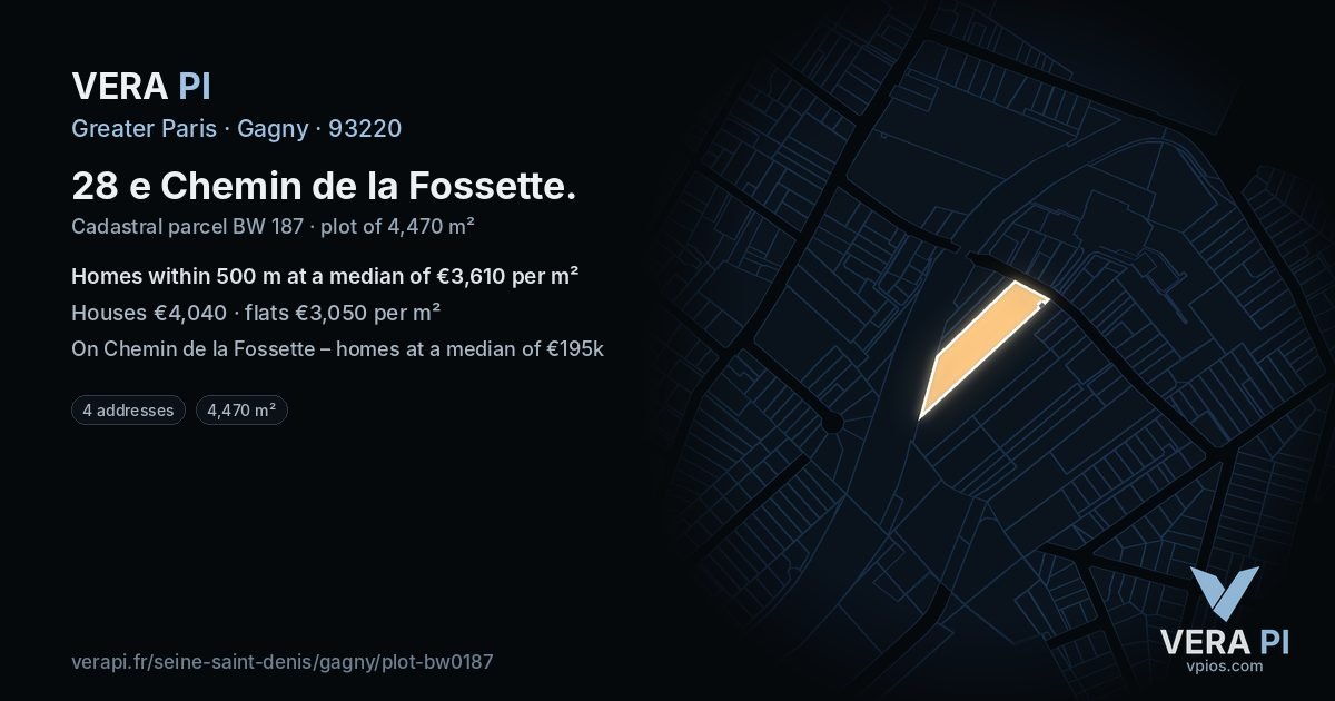 28 e Chemin de la Fossette, Gagny at night – the plot lit, the parcels around coloured by the prices near them