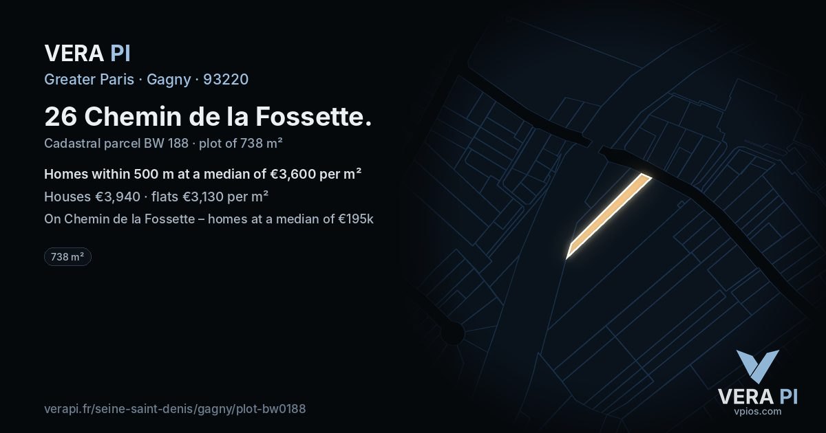 26 Chemin de la Fossette, Gagny at night – the plot lit, the parcels around coloured by the prices near them
