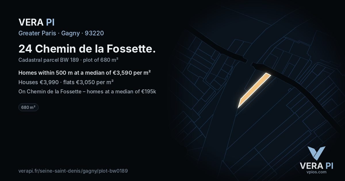 24 Chemin de la Fossette, Gagny at night – the plot lit, the parcels around coloured by the prices near them