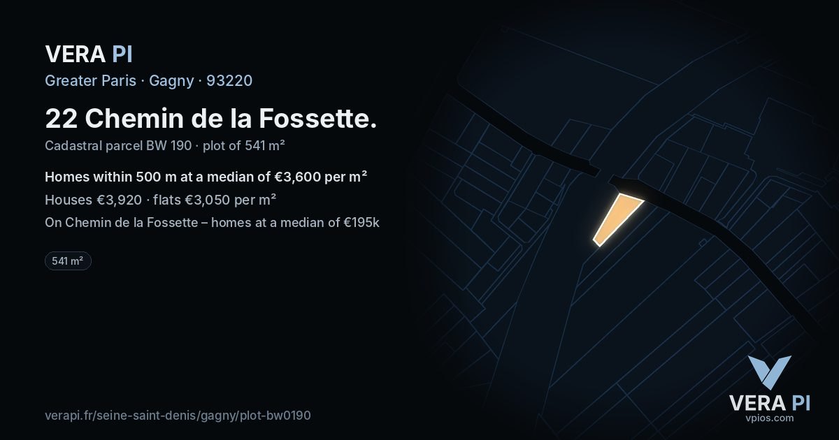 22 Chemin de la Fossette, Gagny at night – the plot lit, the parcels around coloured by the prices near them