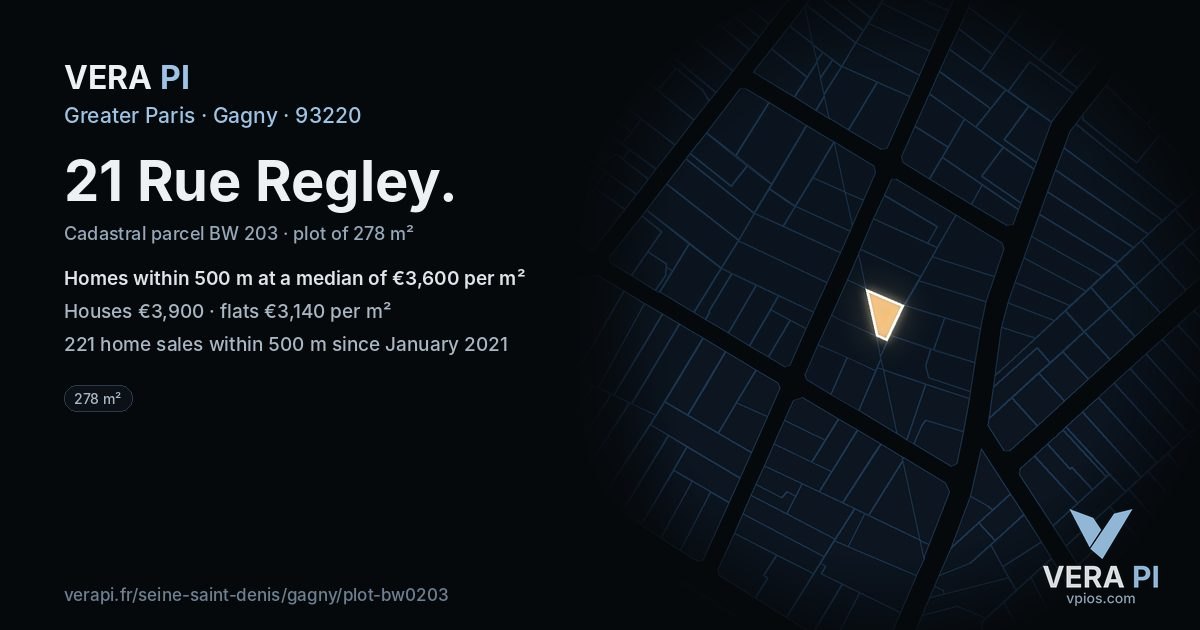 21 Rue Regley, Gagny at night – the plot lit, the parcels around coloured by the prices near them