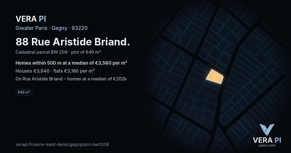 88 Rue Aristide Briand, Gagny at night – the plot lit, the parcels around coloured by the prices near them