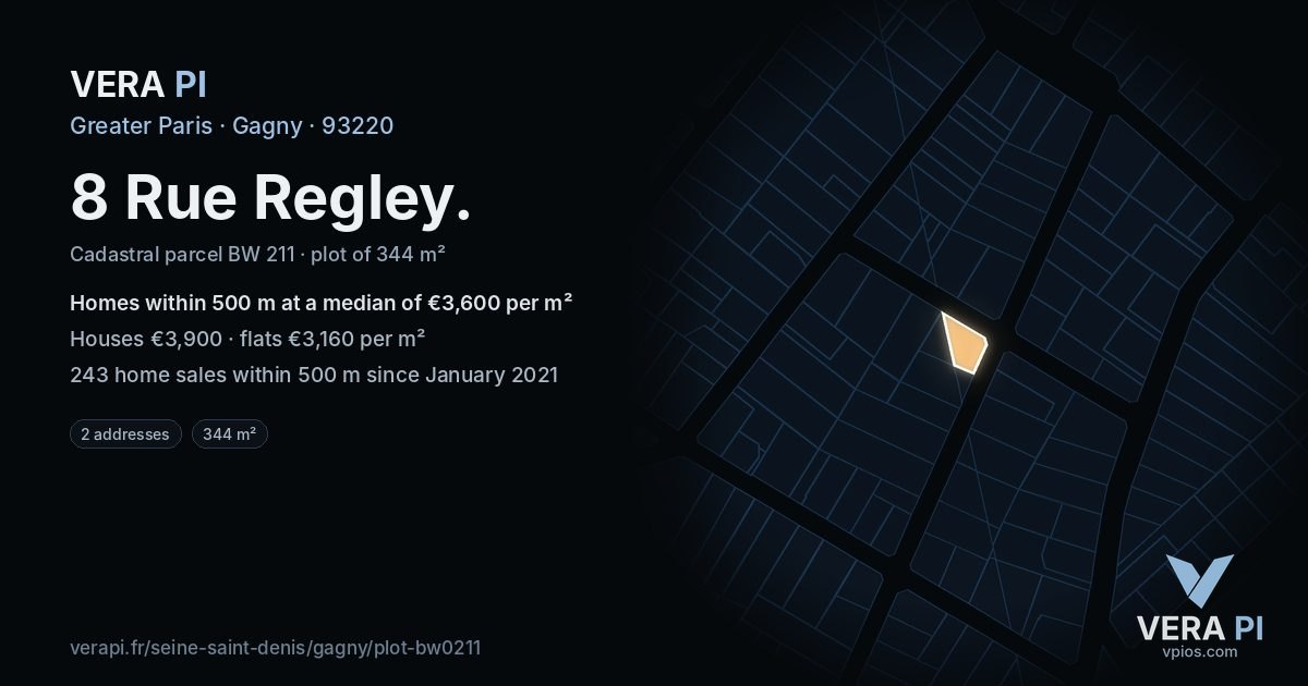 8 Rue Regley, Gagny at night – the plot lit, the parcels around coloured by the prices near them