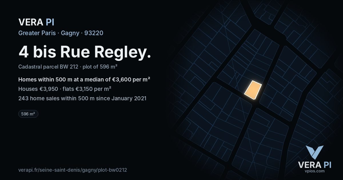 4 bis Rue Regley, Gagny at night – the plot lit, the parcels around coloured by the prices near them