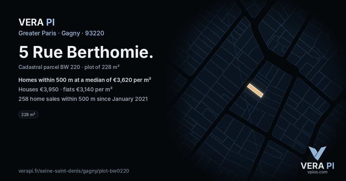 5 Rue Berthomie, Gagny at night – the plot lit, the parcels around coloured by the prices near them