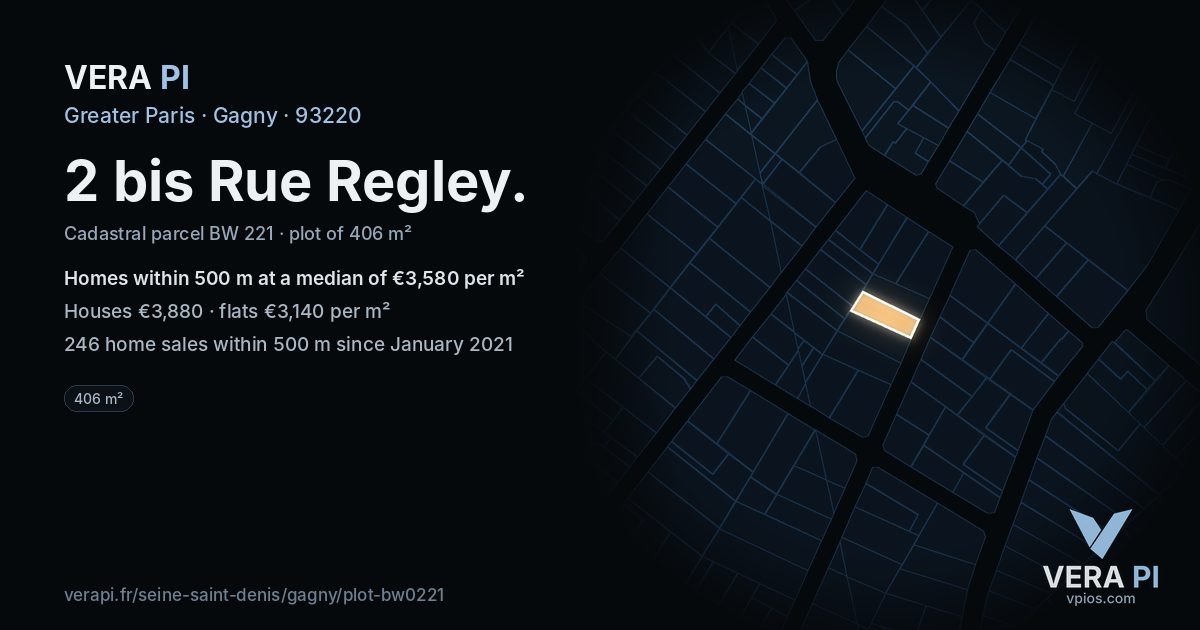 2 bis Rue Regley, Gagny at night – the plot lit, the parcels around coloured by the prices near them