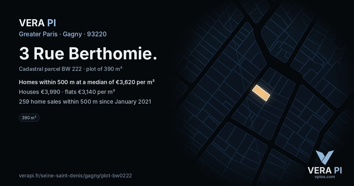 3 Rue Berthomie, Gagny at night – the plot lit, the parcels around coloured by the prices near them