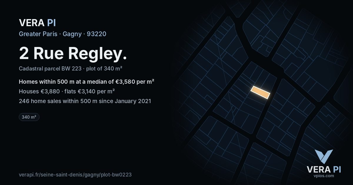 2 Rue Regley, Gagny at night – the plot lit, the parcels around coloured by the prices near them