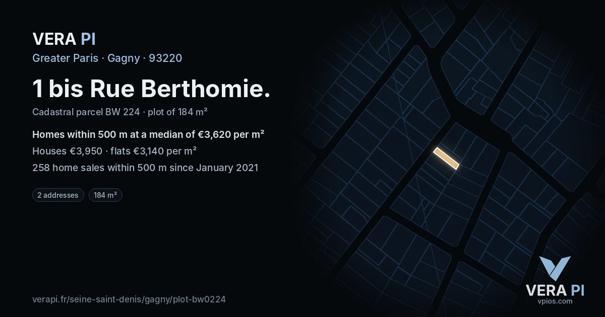 1 bis Rue Berthomie, Gagny at night – the plot lit, the parcels around coloured by the prices near them