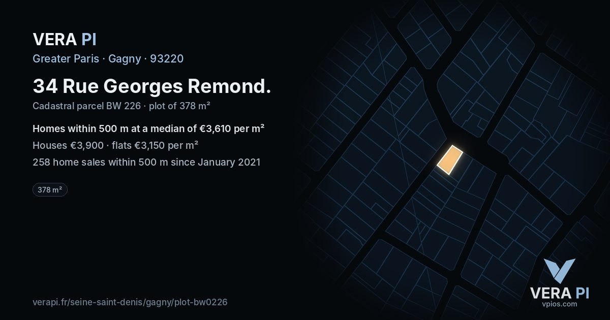34 Rue Georges Remond, Gagny at night – the plot lit, the parcels around coloured by the prices near them