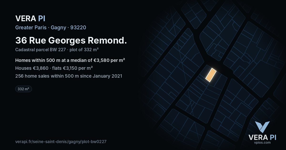 36 Rue Georges Remond, Gagny at night – the plot lit, the parcels around coloured by the prices near them