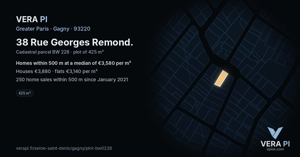 38 Rue Georges Remond, Gagny at night – the plot lit, the parcels around coloured by the prices near them