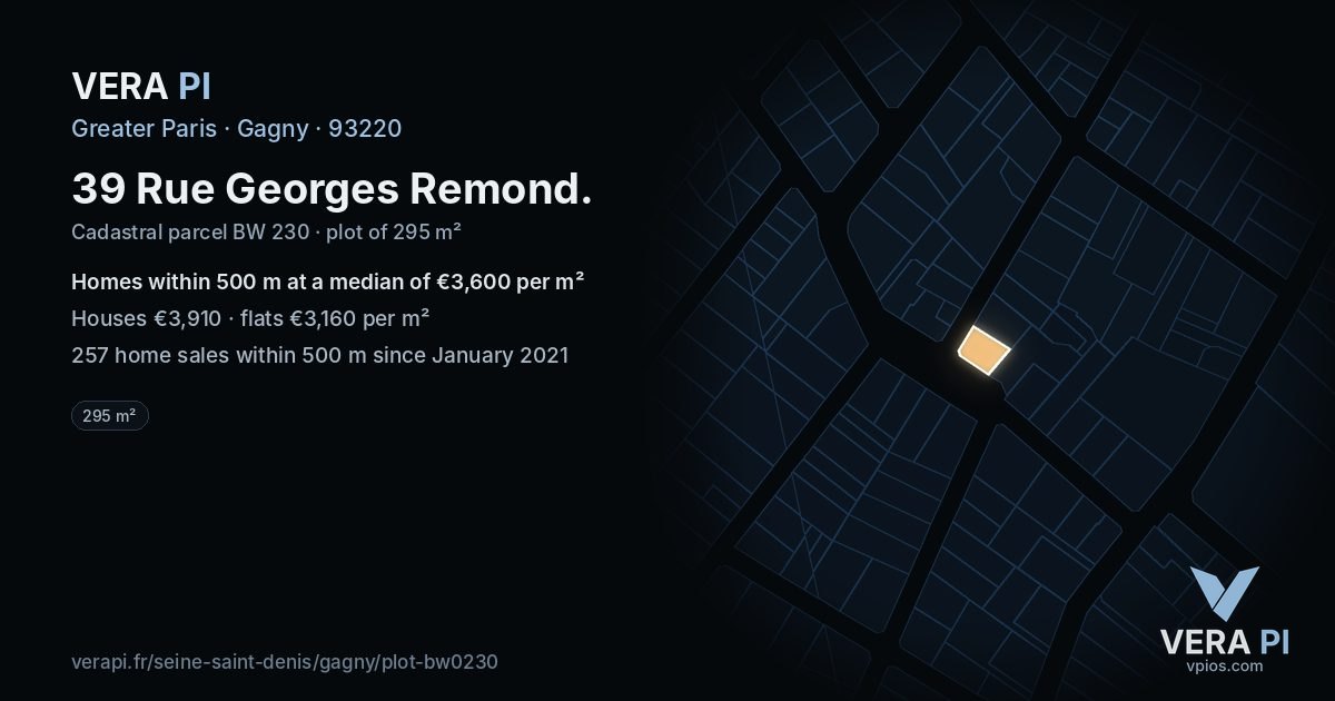 39 Rue Georges Remond, Gagny at night – the plot lit, the parcels around coloured by the prices near them