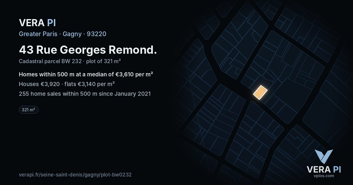 43 Rue Georges Remond, Gagny at night – the plot lit, the parcels around coloured by the prices near them