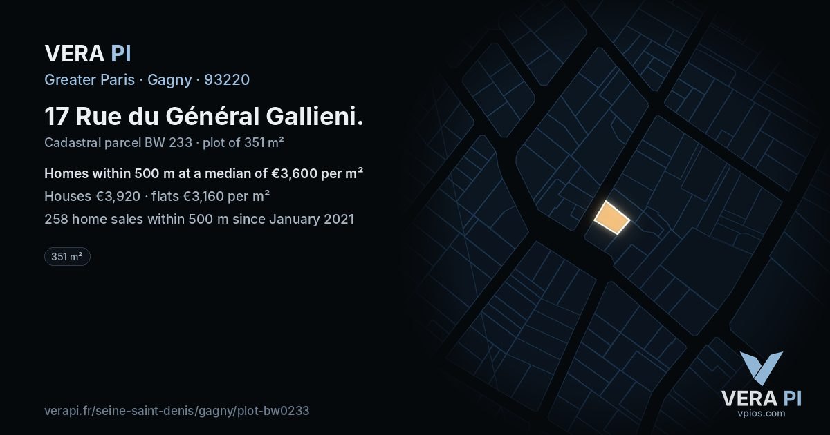 17 Rue du Général Gallieni, Gagny at night – the plot lit, the parcels around coloured by the prices near them
