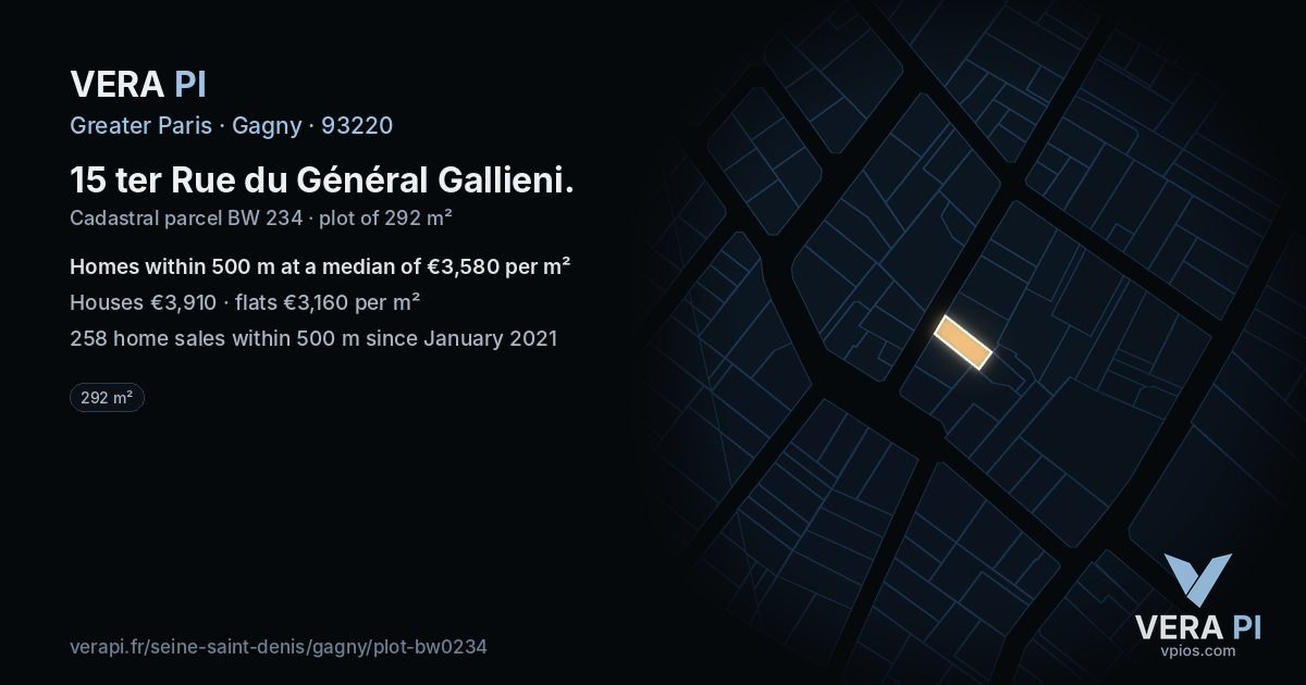 15 ter Rue du Général Gallieni, Gagny at night – the plot lit, the parcels around coloured by the prices near them