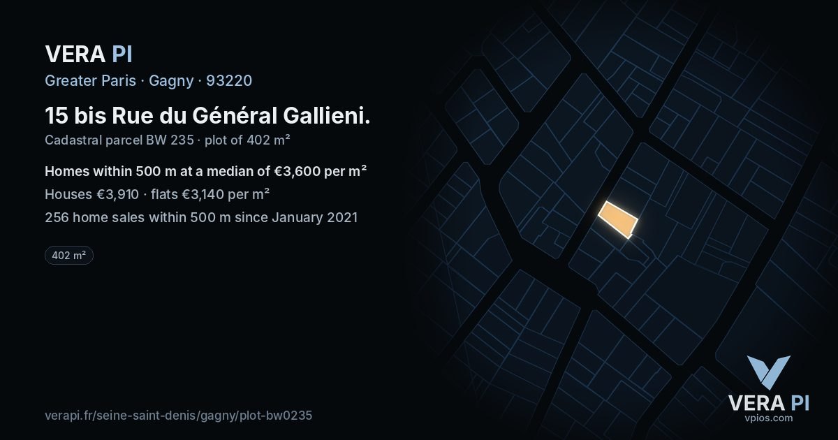 15 bis Rue du Général Gallieni, Gagny at night – the plot lit, the parcels around coloured by the prices near them