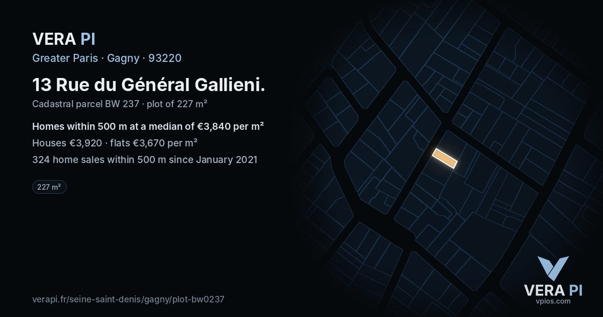 13 Rue du Général Gallieni, Gagny at night – the plot lit, the parcels around coloured by the prices near them