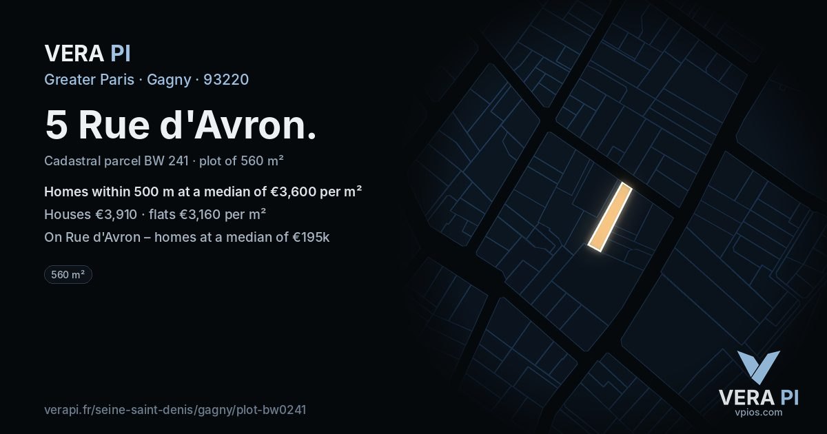 5 Rue d'Avron, Gagny at night – the plot lit, the parcels around coloured by the prices near them