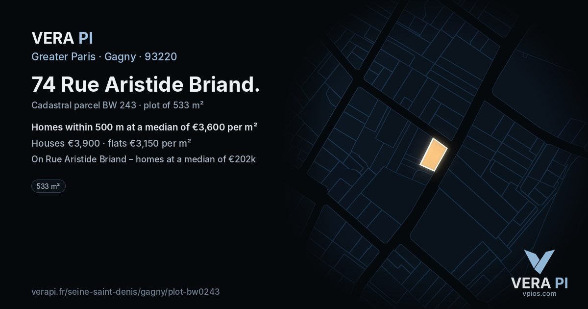 74 Rue Aristide Briand, Gagny at night – the plot lit, the parcels around coloured by the prices near them