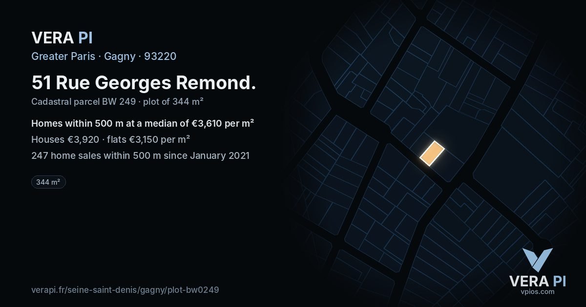 51 Rue Georges Remond, Gagny at night – the plot lit, the parcels around coloured by the prices near them
