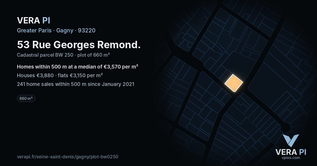 53 Rue Georges Remond, Gagny at night – the plot lit, the parcels around coloured by the prices near them