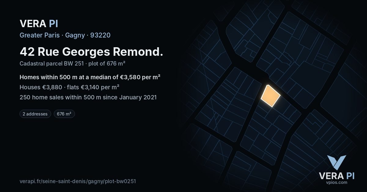 42 Rue Georges Remond, Gagny at night – the plot lit, the parcels around coloured by the prices near them