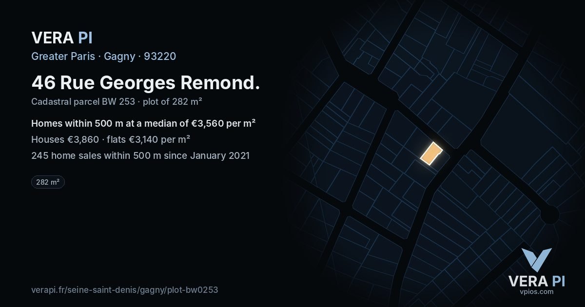 46 Rue Georges Remond, Gagny at night – the plot lit, the parcels around coloured by the prices near them