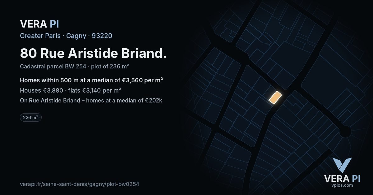 80 Rue Aristide Briand, Gagny at night – the plot lit, the parcels around coloured by the prices near them
