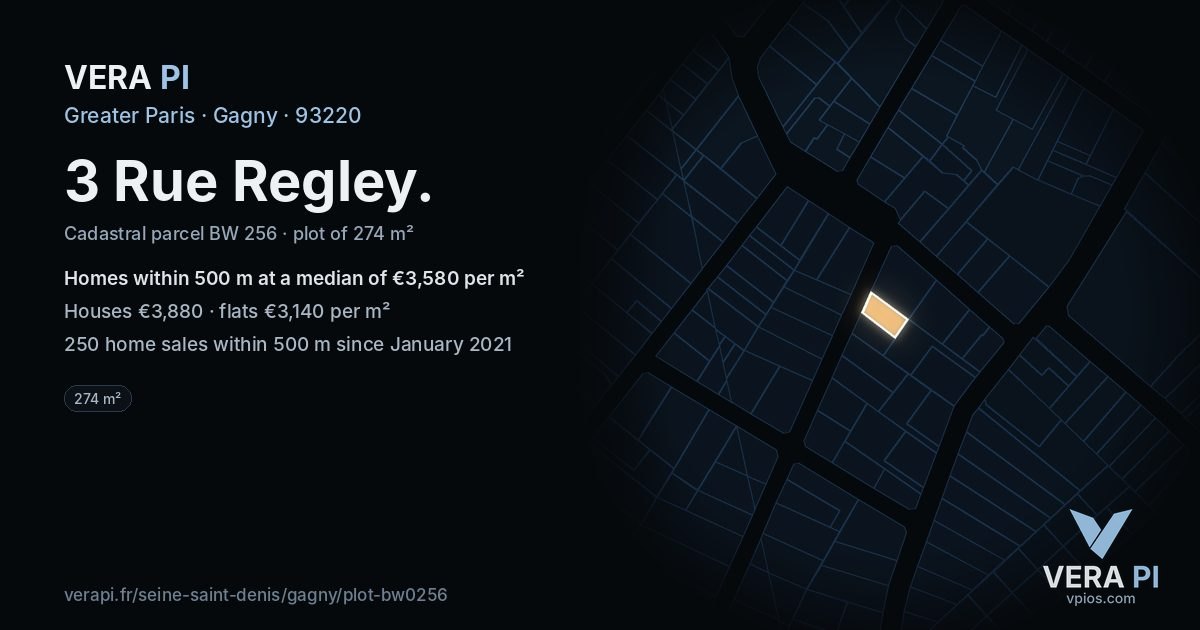 3 Rue Regley, Gagny at night – the plot lit, the parcels around coloured by the prices near them