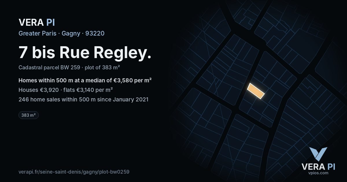7 bis Rue Regley, Gagny at night – the plot lit, the parcels around coloured by the prices near them