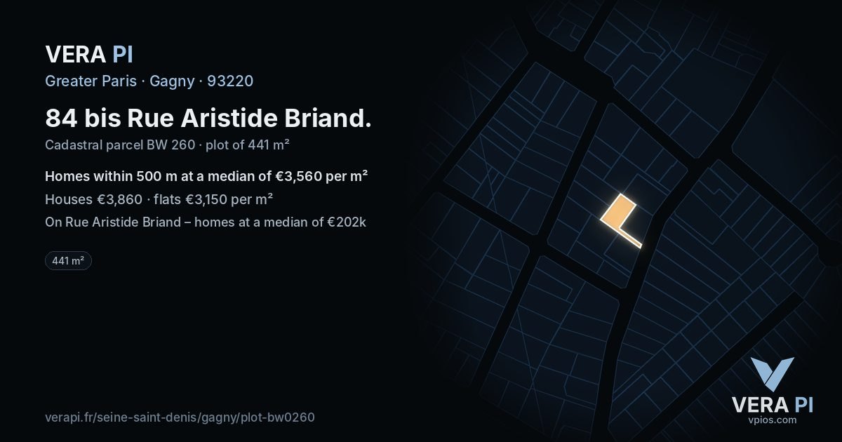 84 bis Rue Aristide Briand, Gagny at night – the plot lit, the parcels around coloured by the prices near them