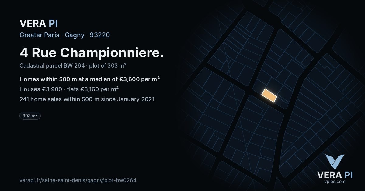 4 Rue Championniere, Gagny at night – the plot lit, the parcels around coloured by the prices near them
