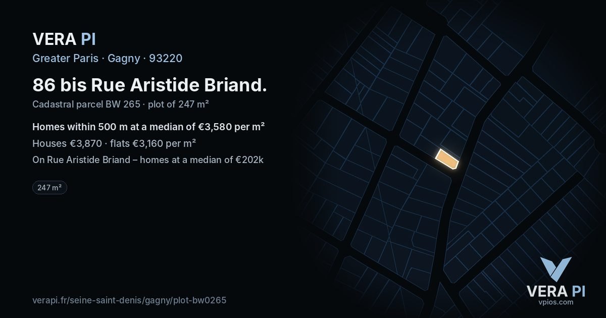 86 bis Rue Aristide Briand, Gagny at night – the plot lit, the parcels around coloured by the prices near them