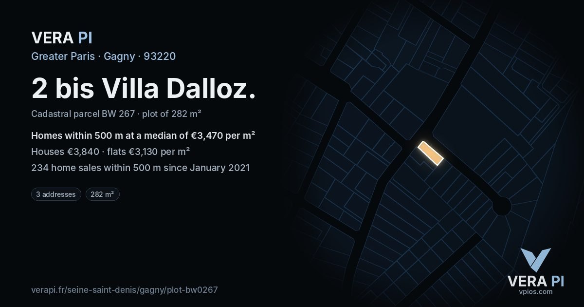 2 bis Villa Dalloz, Gagny at night – the plot lit, the parcels around coloured by the prices near them
