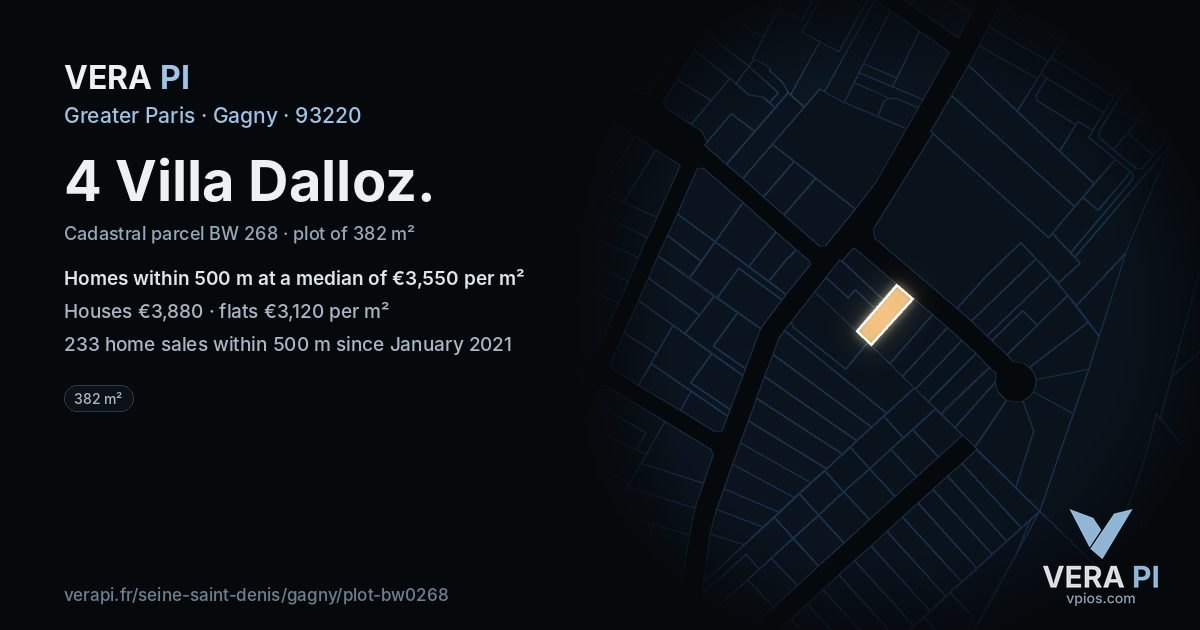 4 Villa Dalloz, Gagny at night – the plot lit, the parcels around coloured by the prices near them