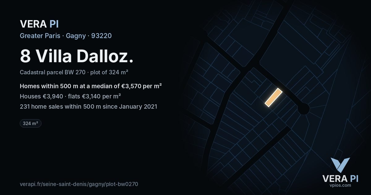 8 Villa Dalloz, Gagny at night – the plot lit, the parcels around coloured by the prices near them