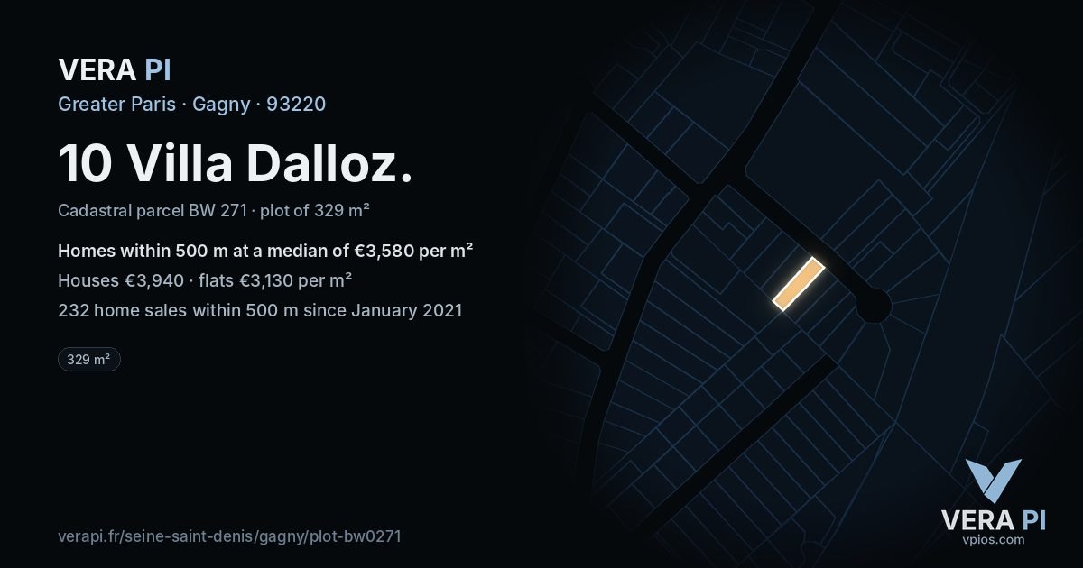 10 Villa Dalloz, Gagny at night – the plot lit, the parcels around coloured by the prices near them