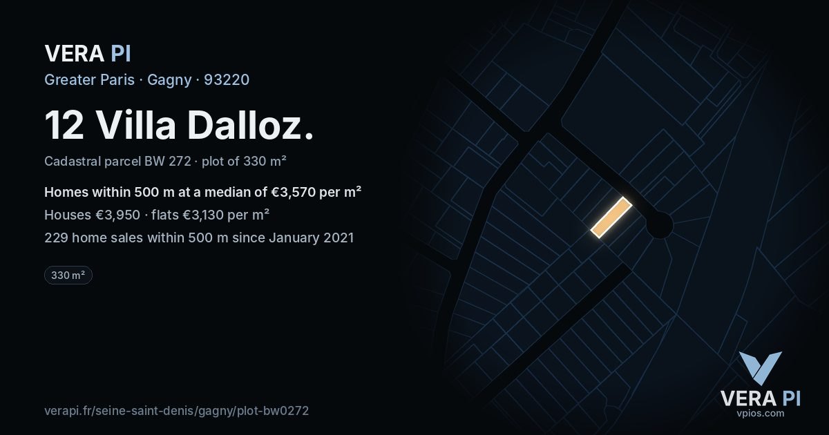 12 Villa Dalloz, Gagny at night – the plot lit, the parcels around coloured by the prices near them