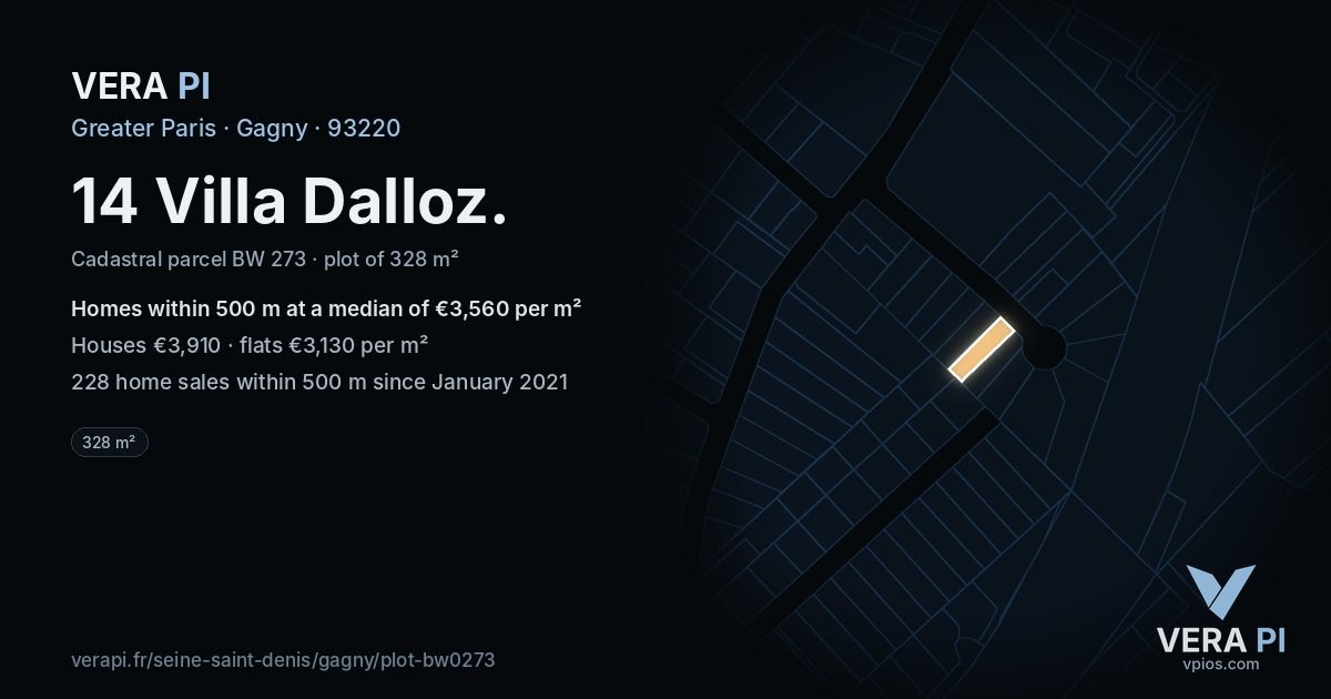 14 Villa Dalloz, Gagny at night – the plot lit, the parcels around coloured by the prices near them