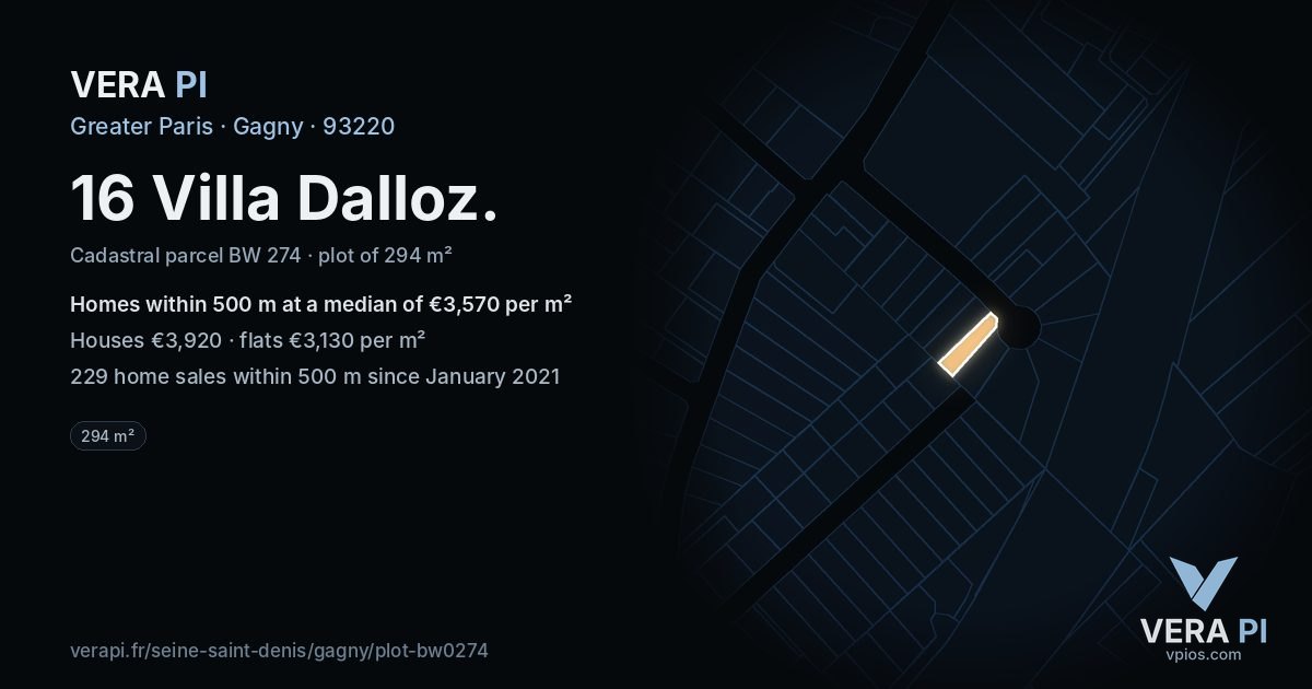 16 Villa Dalloz, Gagny at night – the plot lit, the parcels around coloured by the prices near them