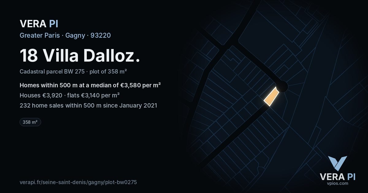 18 Villa Dalloz, Gagny at night – the plot lit, the parcels around coloured by the prices near them