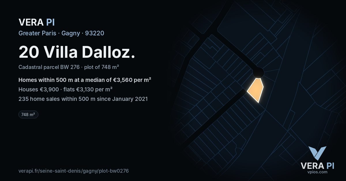 20 Villa Dalloz, Gagny at night – the plot lit, the parcels around coloured by the prices near them