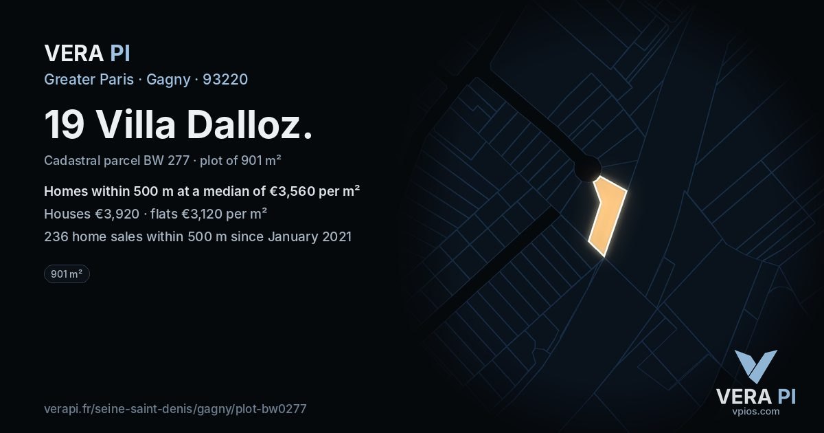 19 Villa Dalloz, Gagny at night – the plot lit, the parcels around coloured by the prices near them