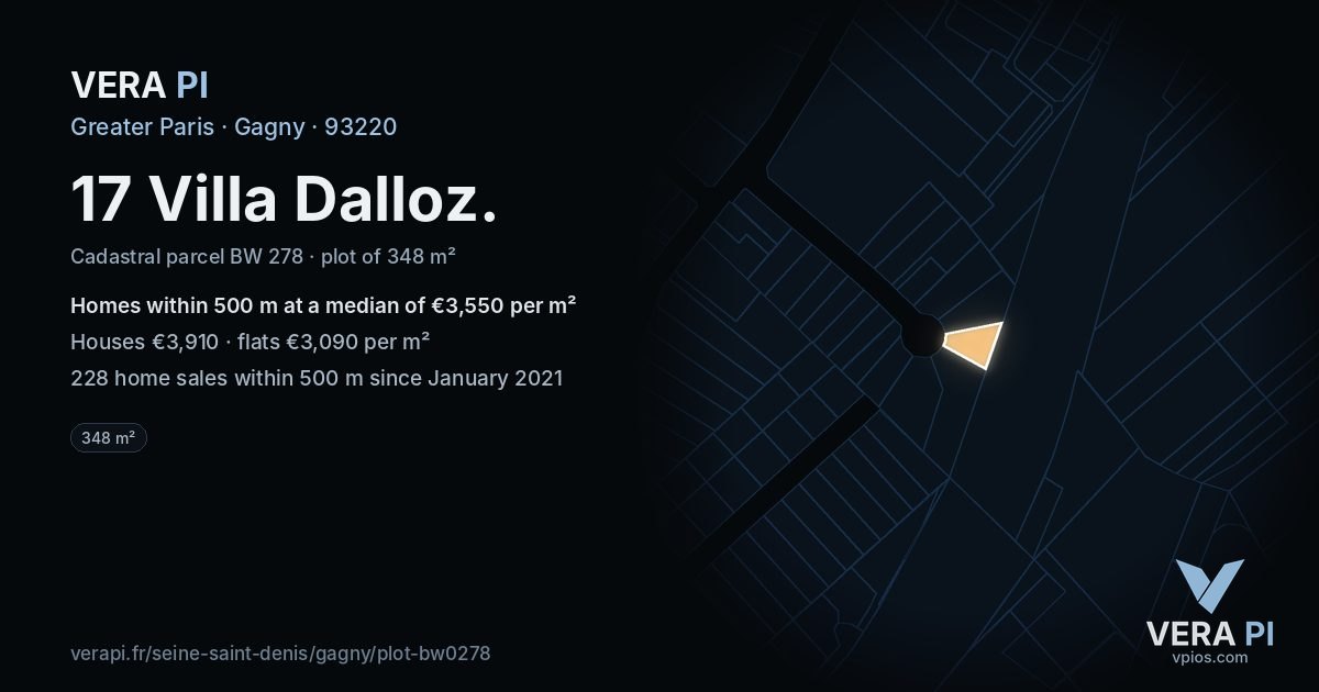 17 Villa Dalloz, Gagny at night – the plot lit, the parcels around coloured by the prices near them
