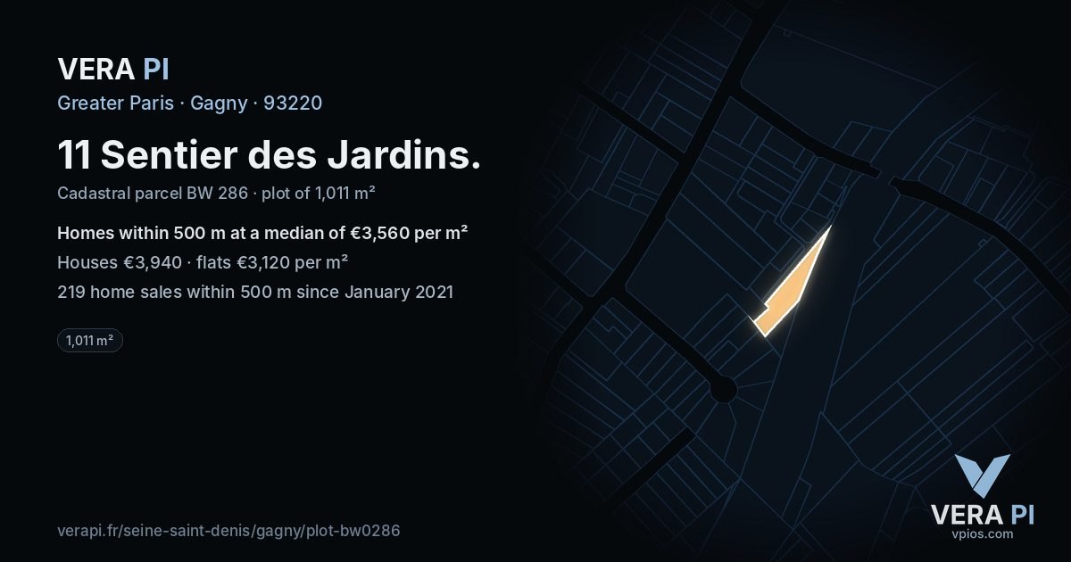 11 Sentier des Jardins, Gagny at night – the plot lit, the parcels around coloured by the prices near them